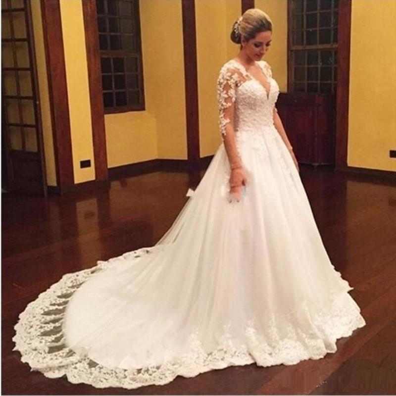 Setwell Décolleté en V A-ligne Robes de mariée manches longues illusion dentelle longueur au long Appliques train Robes de mariée