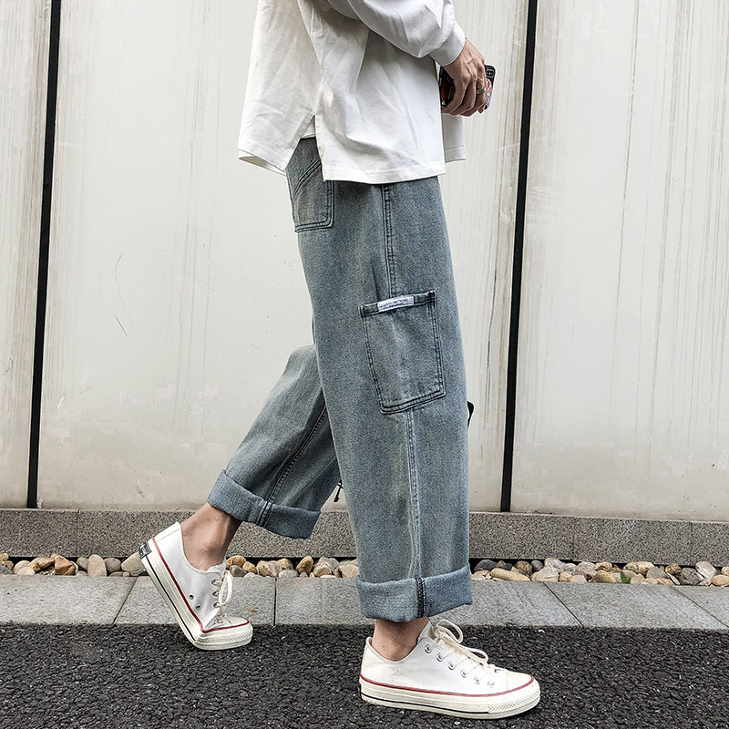 

Hong Kong style retro loose wide leg pants fashion brand work clothes falling feeling straight tube dad wash jeans man, See chart