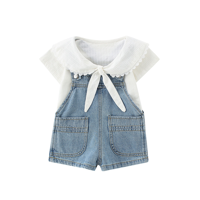 

2PCS WLG Girls Outfits Kids Summer Short Sleeve White T Shirt and Denim Blue Overall Set Baby Girl Casual Clothes