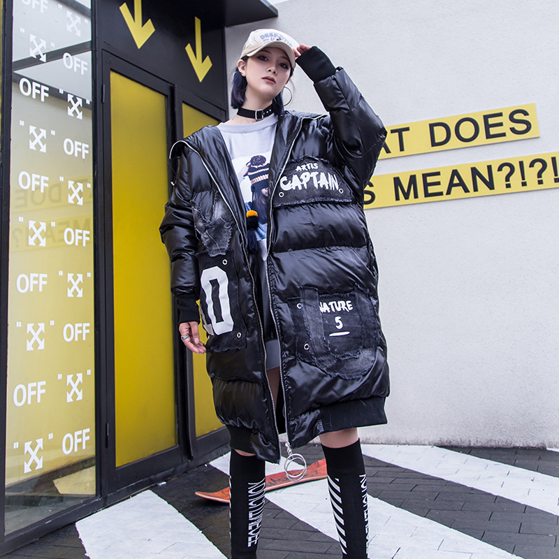 

2018 winter new cotton coat tide brand patch printing long down feather cotton jacket jacket European station, Black