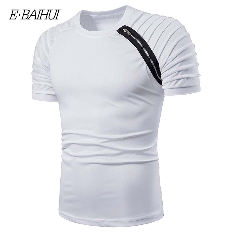 

E-BAIHUI Summer Casual T Shirt Men Fashion Streetwear Tshrit Striped Folding Sleeve Solid Fitness Top Slim Fit Casual T-shirt 1502, White