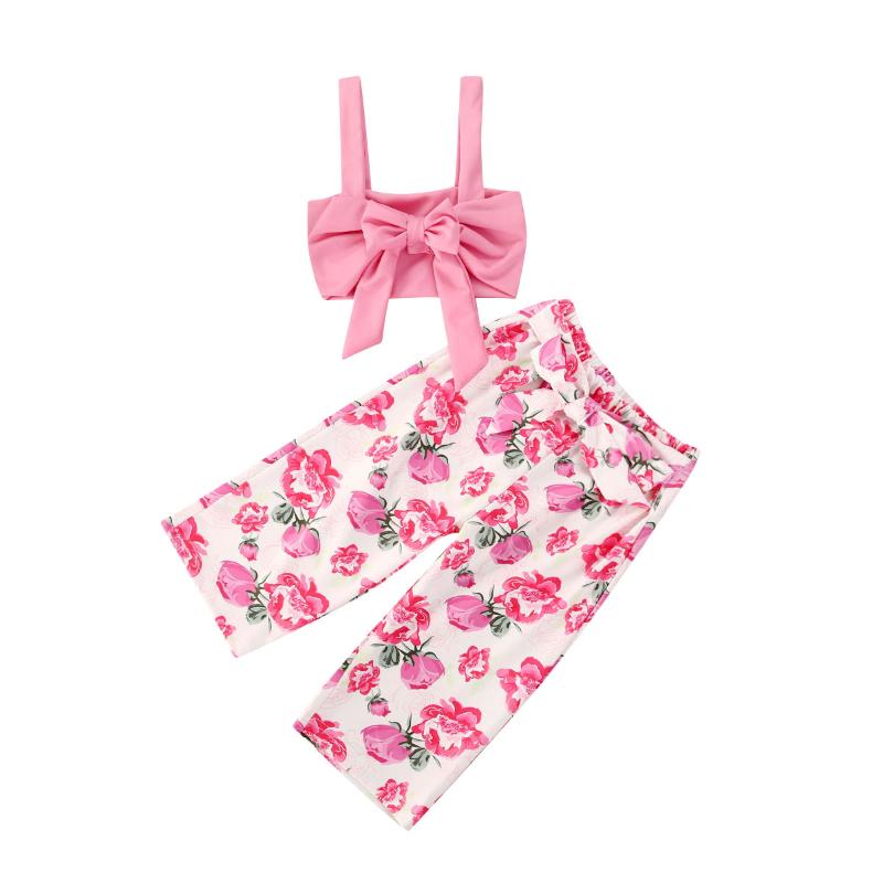 

New Kids Girls Fashion 2-piece Outfit Set Sleeveless Solid Color Top and Floral Print Pants Set, As pic