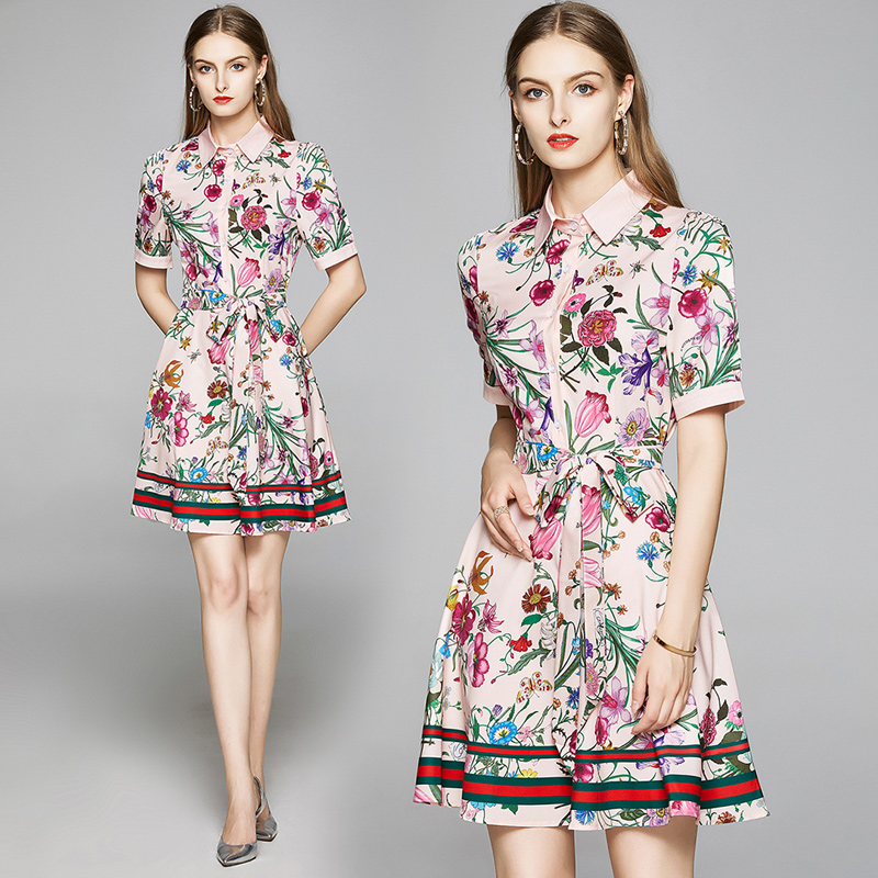 

Summer Runway Elegant Fashion Floral Print Women Shirt Dress Short Sleeve Ladies Sexy Office Casual Sashes Bow A-Line Mini Designer Dresses, Customize