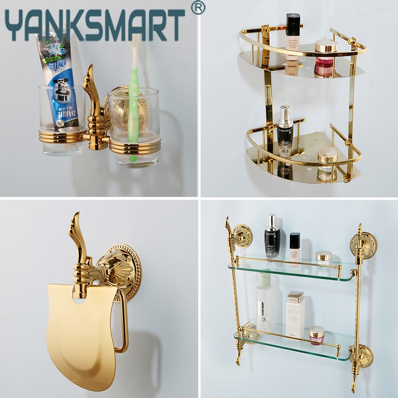 

bathroom accessory set gold Carved paper holder & Shelf accessoire pour salle de bain zinc alloy wall mount Hardware Sets