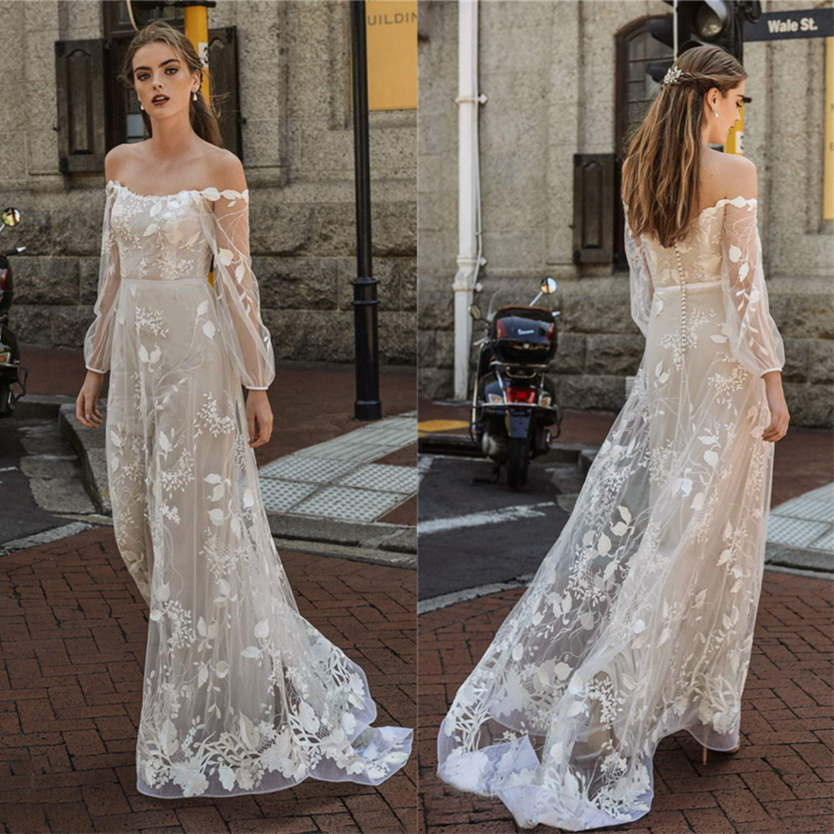 

Elbeth Gillis 2021 Wedding Dresses Off Shoulder Long Sleeves Lace Appliques Bridal Gowns Button Back Sweep Train A Line Robe De Soiree, Gold