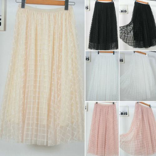 

New Women High Waist Maxi Plaid Pleated Tulle Beach Casual Boho Long Skirt, Beige