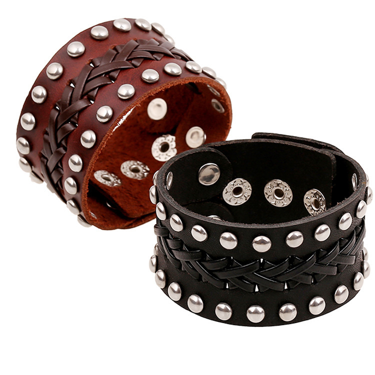 

Cool Design High Quality Antique Bracelet Jewelry Popular Mens Bulk Black and Brown Leather Cuff Bracelet