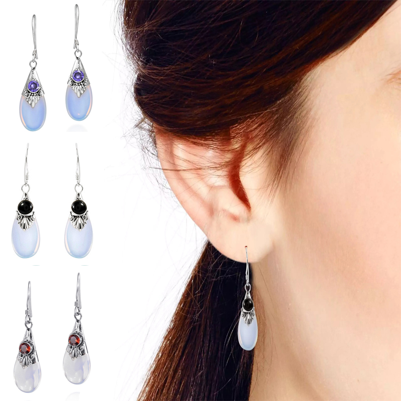 

white moonstone ear cuff European and American teardrop pear-shaped earrings