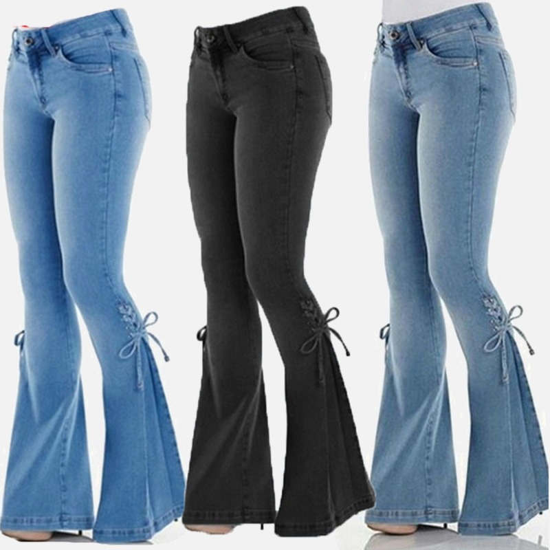 

Plus size jeans 4XL, women's flare pants, denim pants with black lace-up bow, elastic pants for women, autumn 2020, new blue, Black one
