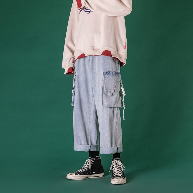 

Men's Straight Pants Wash Jeans Black Blue Color Casual Pants More Pocket Cargo Biker Denim Loose Trousers, Sky blue