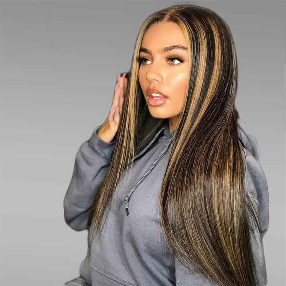 

Highlights Colored Human Hair Wigs Ombre Straight Preplucked Lace Wig 370 Lace Frontal Human Hair Wigs For Women, As pic