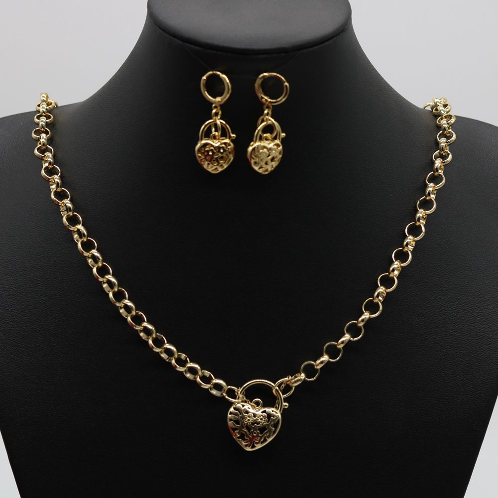 Love Heart Padlock Jewelry Set 18K Yellow Gold Filled Classic Wedding Luxury Womens Pendant Necklace Earrings Set Gift-image-506419476
