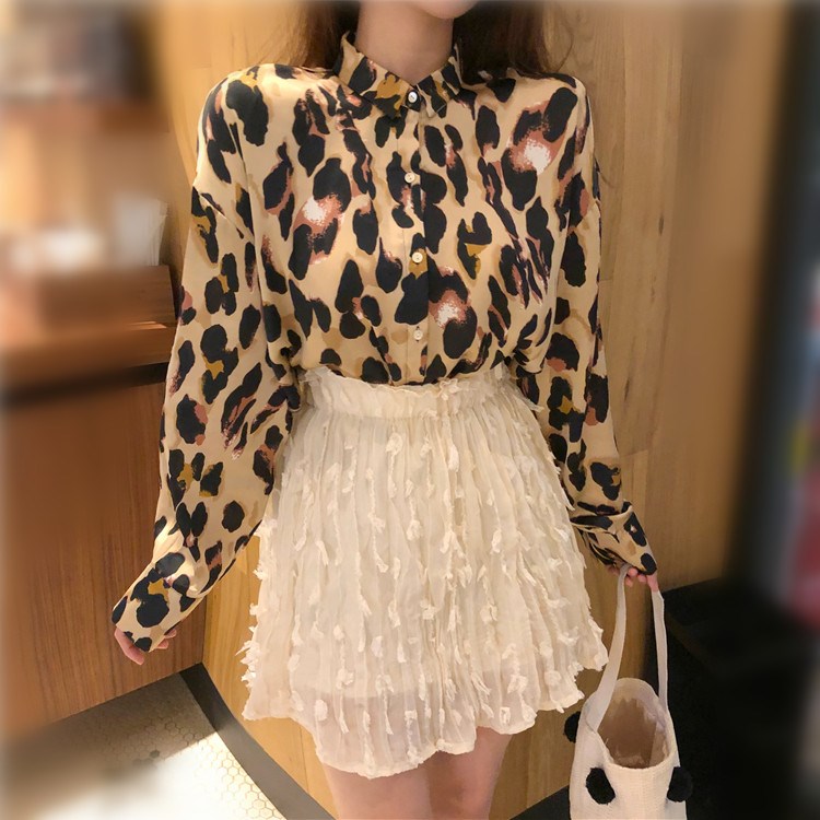 

Spring Women Leopard Print Shirt Turn-down Collar Long sleeve Top Loose Blouses Plus Size Camisa Feminina Clothing, White