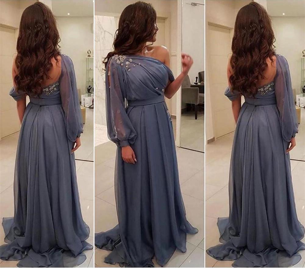 

Unique Neck Designer One shoulder Prom Evening Dress with Long Poet Sleeves Crystal Chiffon Bridesmaid Formal Pageant Dresses, Brown