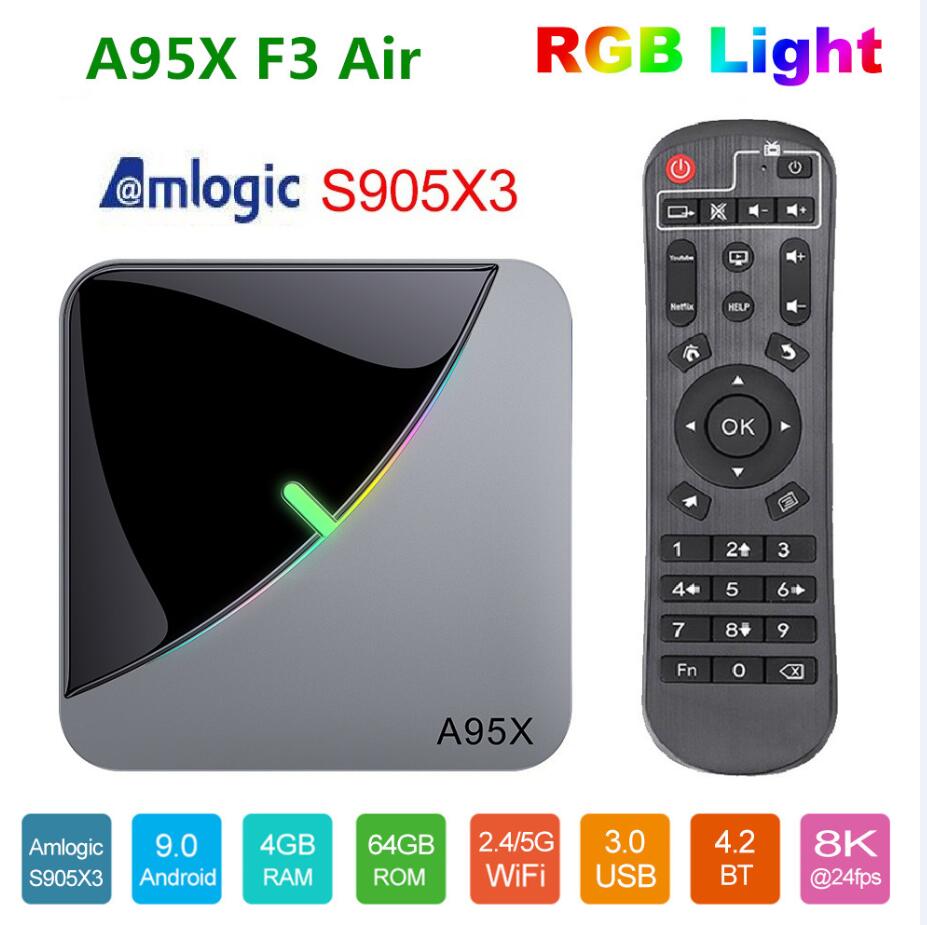 

A95X F3 Air RGB Light TV Box Amlogic S905X3 Android 9.0 4GB 64GB Dual Wifi 4K 60fps A95XF3 X3 Smart TV Box