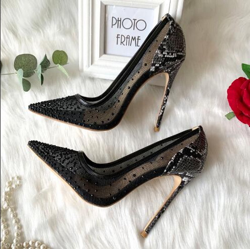 

Free Shipping fashion Women Pumps Brand New Casual Designer Black Crystal Mesh Point Toe High Heels Pumps Shoes Bride Wedding 12cm 10cm 8cm, Heel 12cm