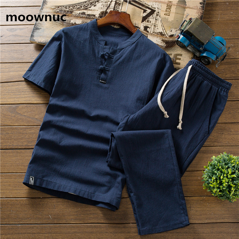

(Shirt + trousers) 2020 summer new arrival men Cotton and linen shirts high quality men's casual Short sleeve shirts men, Gray