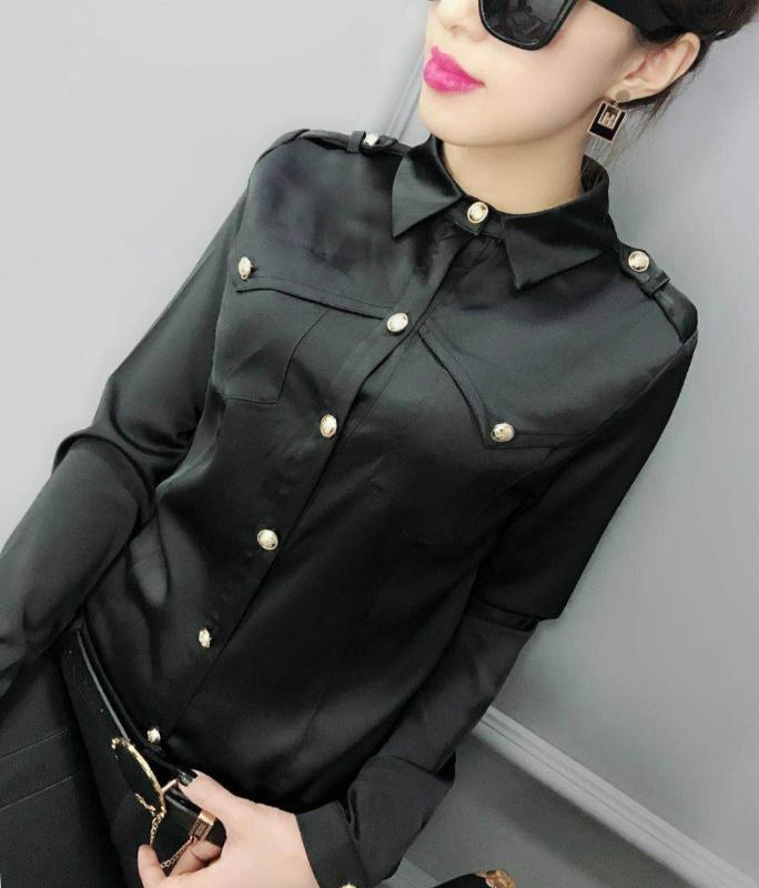 

2018 spring long sleeve turn down collar black satin shirts women office work satin blouses lady work wear white tops