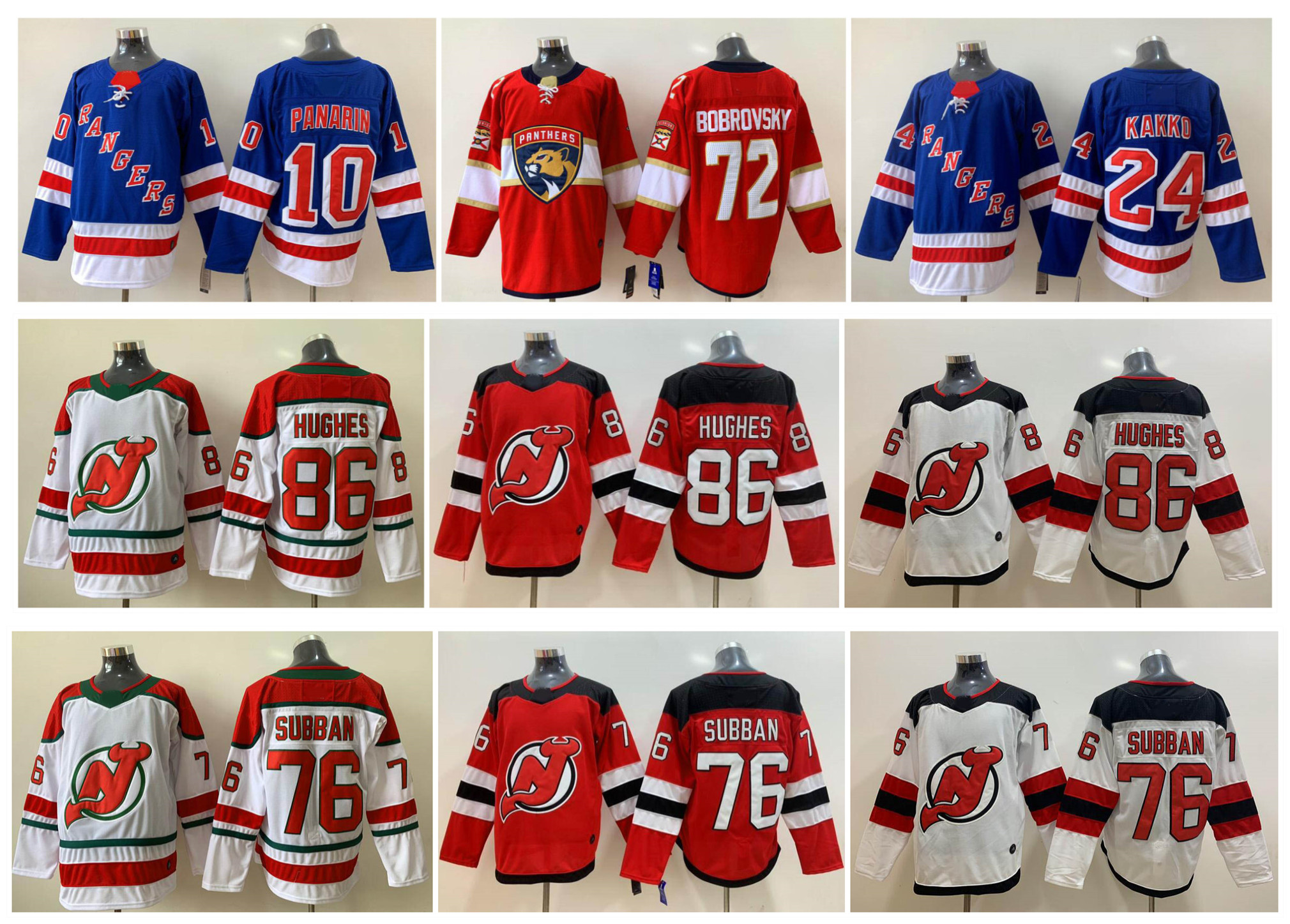 

New Jersey Devils Jersey 76 P. K. Subban 86 Jack Hughes 72 Sergei Bobrovsky New York Rangers 10 Artemi Panarin 45 Kaapo Kakko Hockey, As pic