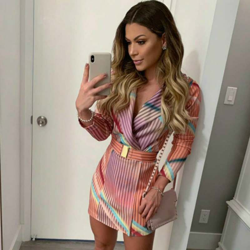 

Autumn Colorful Striped Print Blazer Dress for women Elegant casual long blazer women' Streetwear Office lady Female