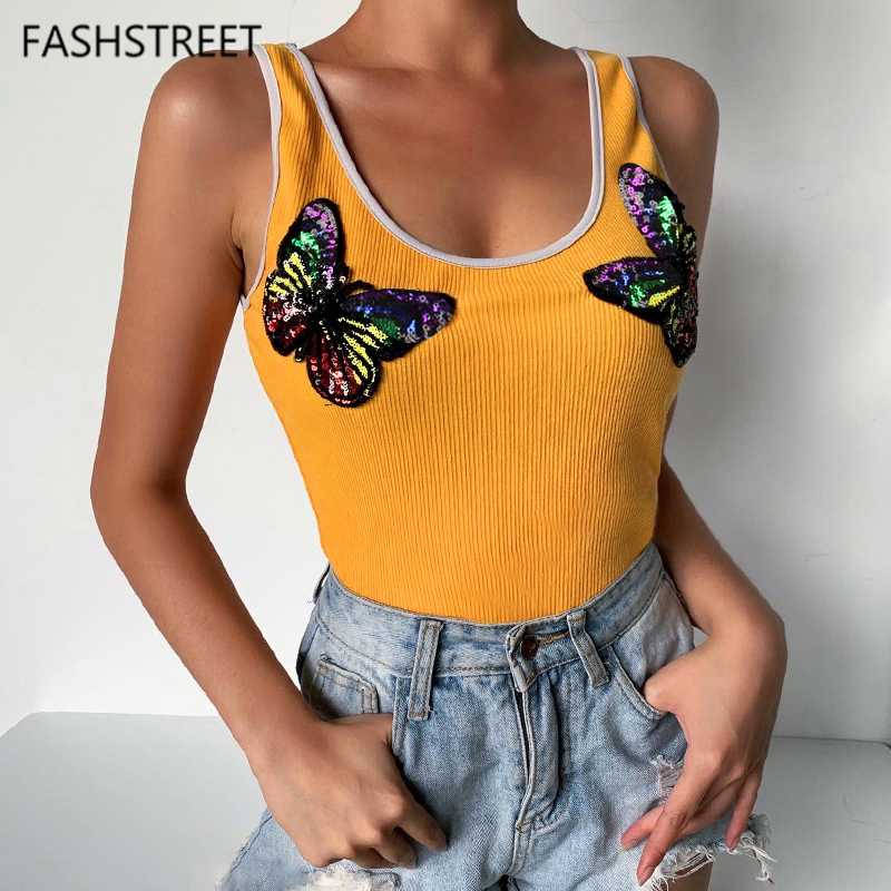 

FASHSTREET Sequins Butterfly Embroidery Slim Tank Tops 2020 Summer Women Yellow Knit Low Cut Stretch Vest Sexy Party Streetwear