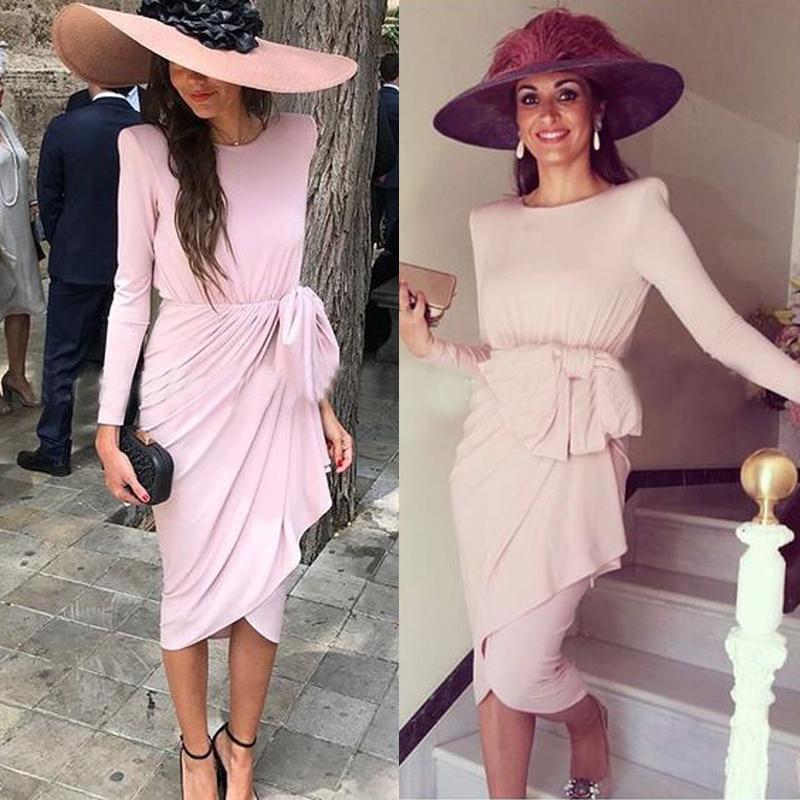 Rose élégante en mousseline de soie Mère de robes de mariée 2021 Jewel manches longues Robes de soirée mi-longues gaine courte robe de mariée cli