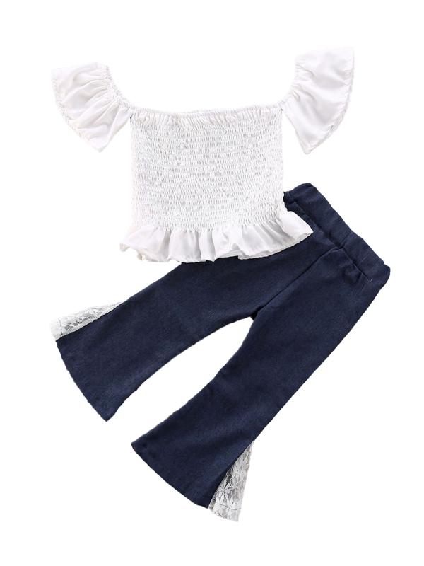 

1-6Y Baby Girl Summer clothes set Toddler kids Ruffle Sleeve off shoulder white crop tops lace bell bottom pants Fashion Outfit