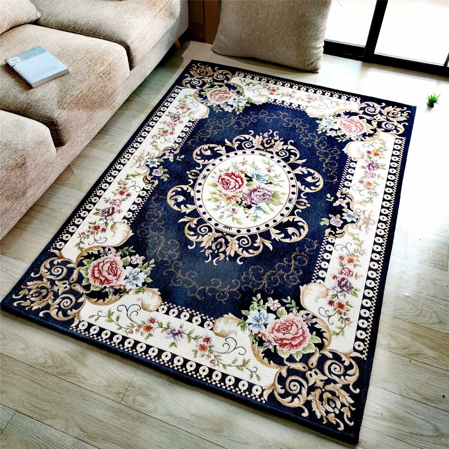 

European Style Printing Home Carpet Anti-slip Absorbent Bathroom Rug Living Room Carpet Floor Mat Entrance Hallway Door Mat, Blue