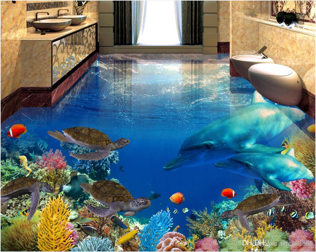 

3d pvc flooring custom photo Waterproof floor Dolphin mother and child underwater world living room 3d wall murals wallpaper for walls 3 d, Sky blue