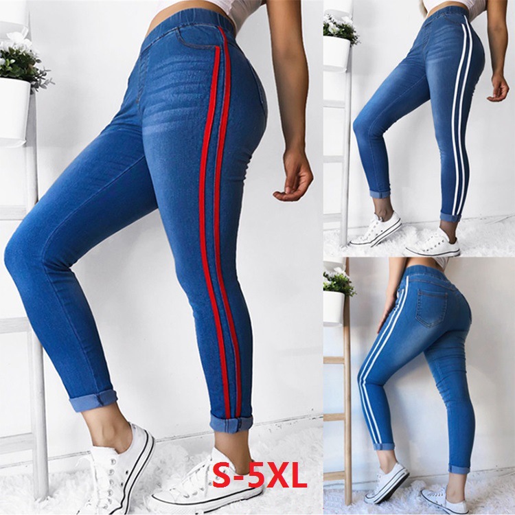 

Tight Feet Jeans Striped Pants Ankle-Length Elastic High Waist Woman Side Stripe Skinny Jean All Matched Casual Pencil Leggings Brief Slim, Red line