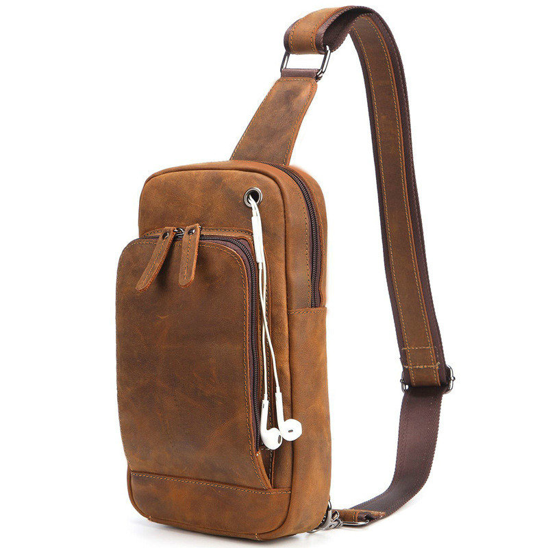 

Fashion Men's Genuine Leather Shoulder Crossbody Bag Vintage Men's Cow Leather Chest Bag Crazy Horse Luxury Chest, Sky blue