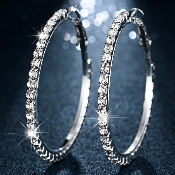 

Fashion 2/3/4/5/6/7/8/9/10cm Round Hoop Earrings Women Mom Silver Diamond Zircon Wedding Hiphop jwellery