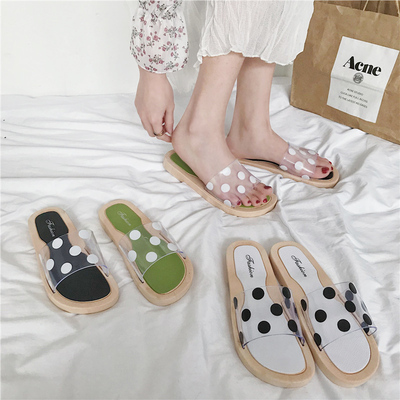

2020 summer new Korean version of the wild open toe transparent belt wave point word slippers beach shoes, Blue
