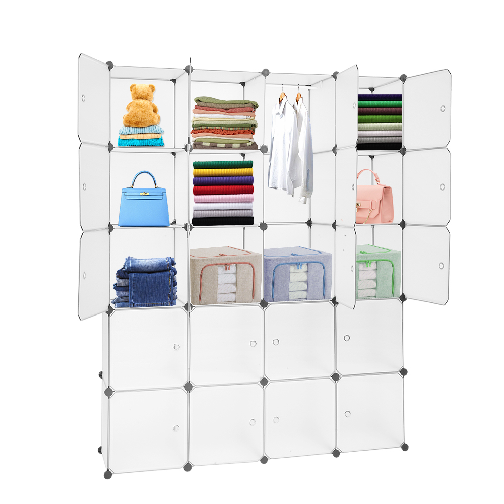 

20 Cube Organizer Stackable Plastic Cube Storage Shelves Design Multifunctional Modular Closet Cabinet with Hanging Rod White