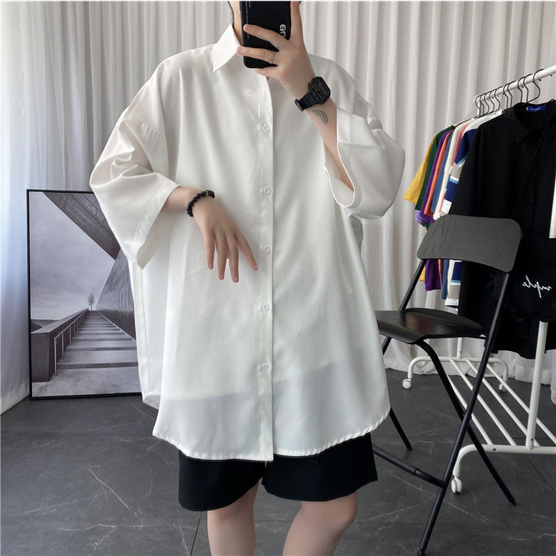 

Summer Dress Shirt Men's Fashion Society Men Shirt Solid Color Business Casual Streetwear Wild Loose Short Sleeve, Black