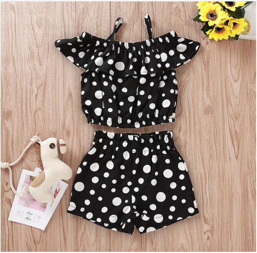 

Girl Suspender Dot Sleeveless Tops and Short Pant Set Baby Summer Sleeveless T-Shirt and Short Pant Suit Baby Sweet Clothes Two Pieces, As picture