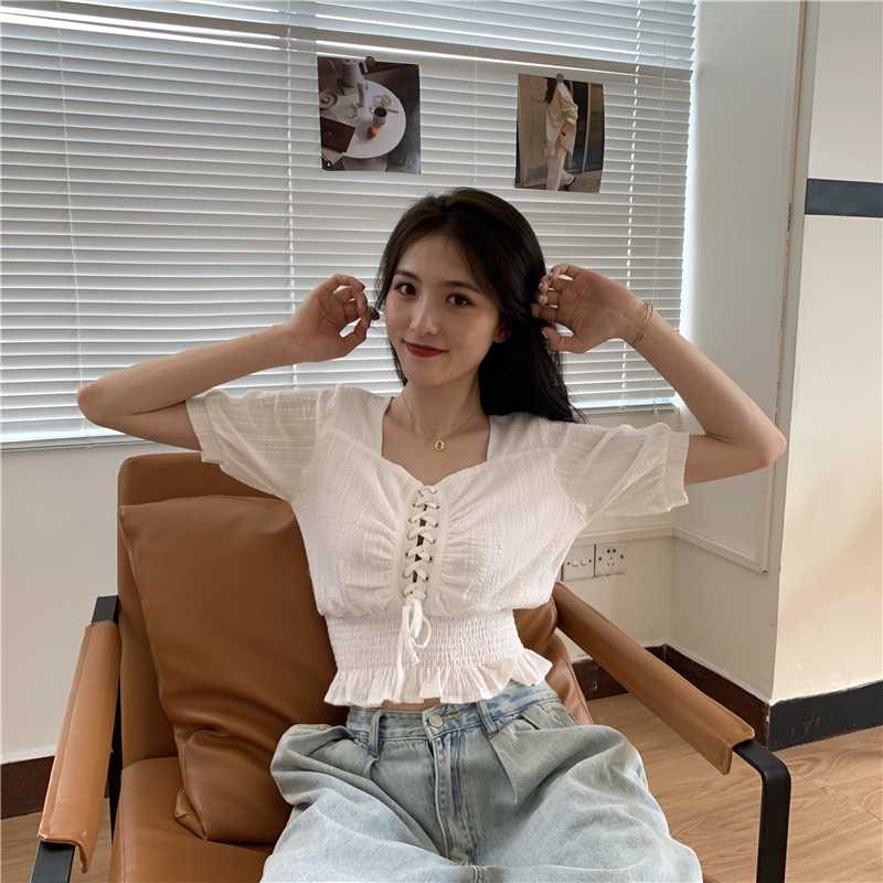

Bandage Square Collar Womens Clothing Crop Top Shirts Summer Style Korean Ladies Tops Fashion Slim Blouses New, Black