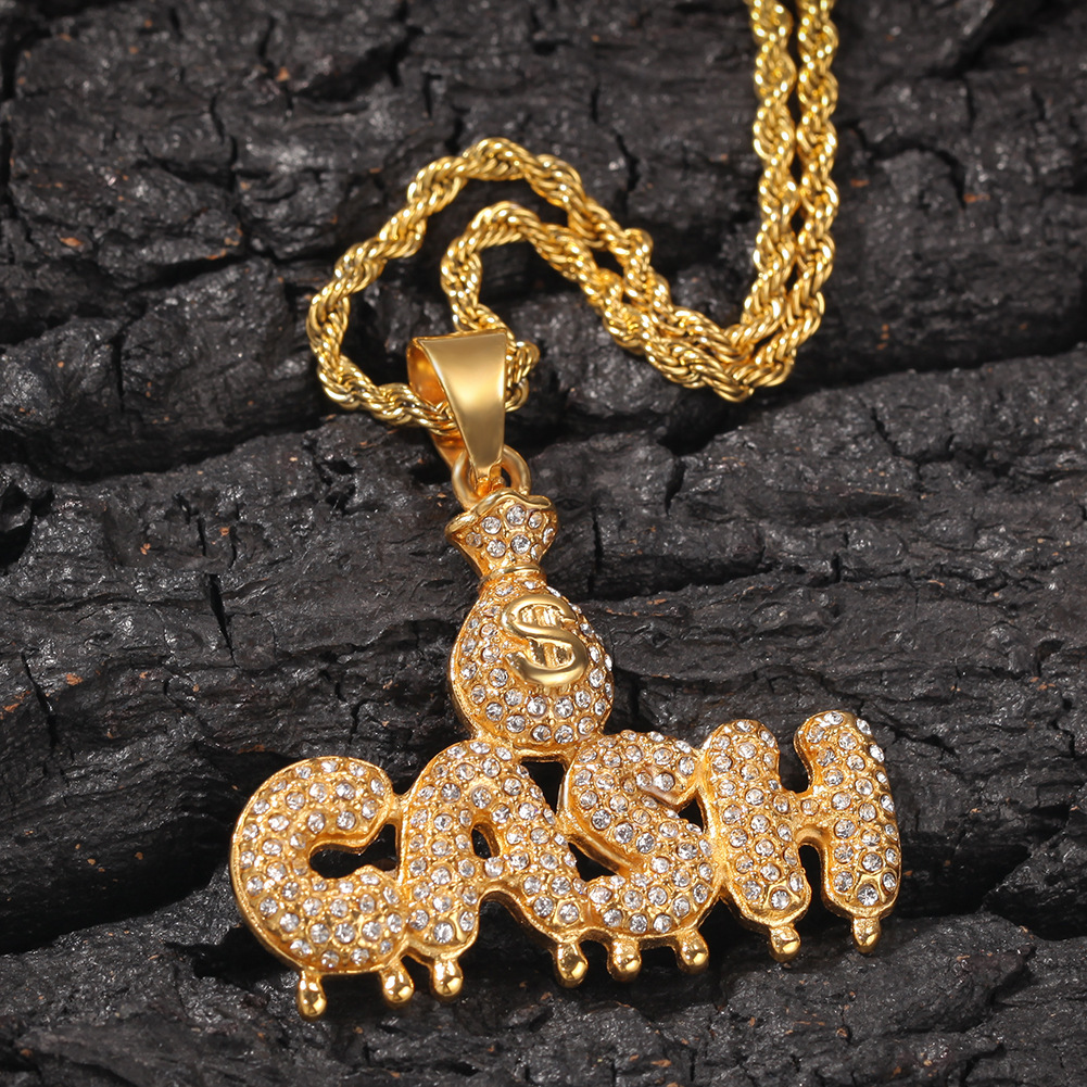

Hip hop fashion dollar bag CASH drop letter pendant stainless steel necklace