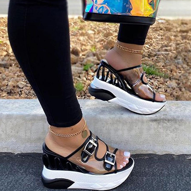 

Buttons Slippers Leisure High Heel Shoes Women's Shoes Beach Sandals Slippers Transparent Clear Wedges Sandals Buckle New, Black