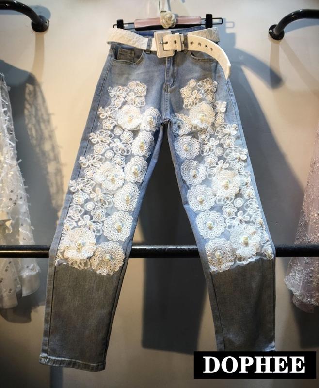 

European New Lace Floral Jeans for Women 2020 Summer Stitching Flowers Lace Beaded High Waist Stretch Straight Jeans Pants, As photo