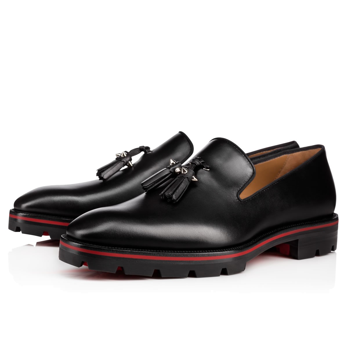 

Hot Sale- fashion new men dress shoes black leather loafers spike stud formal shoes men business shoes fringe red sole