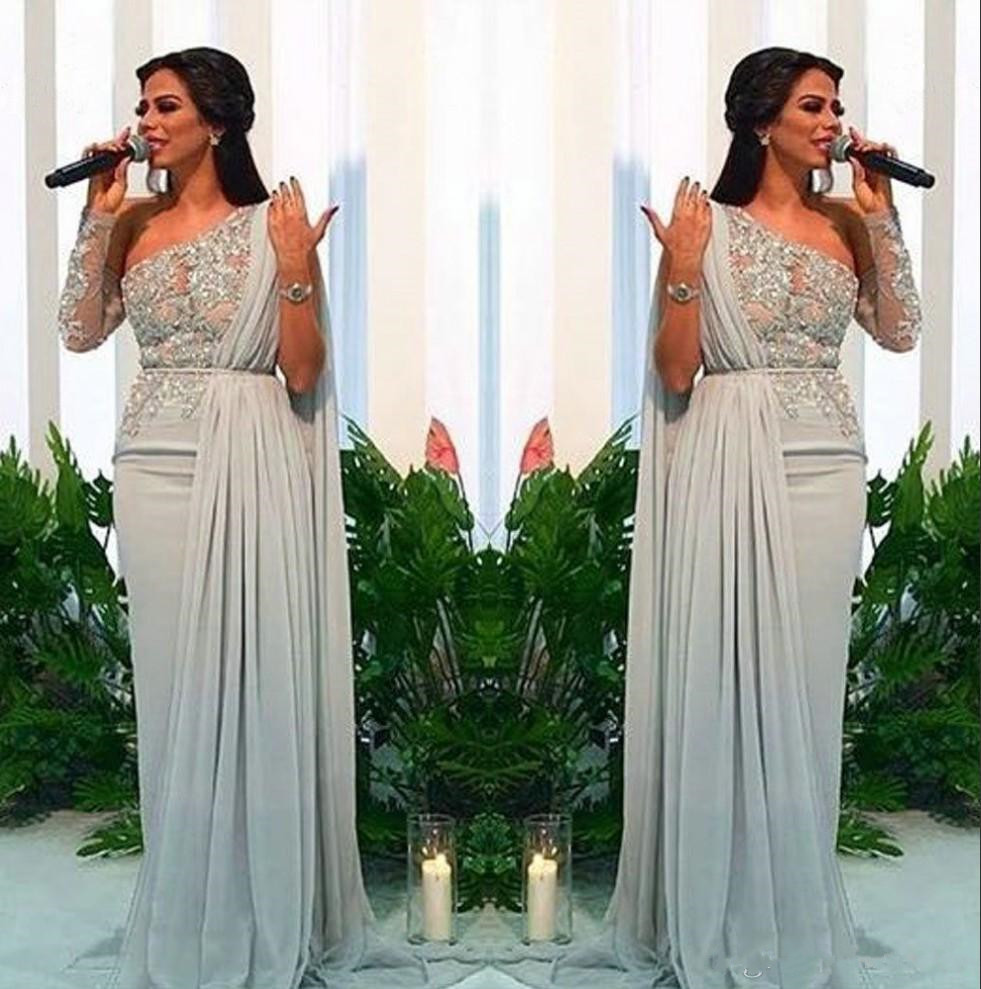 

Arabic One Shoulder Chiffon Long Evening Dresses 2019 Lace Applique Sheath Ruched Sweep Train Formal Party Prom Wear Dress, Grape
