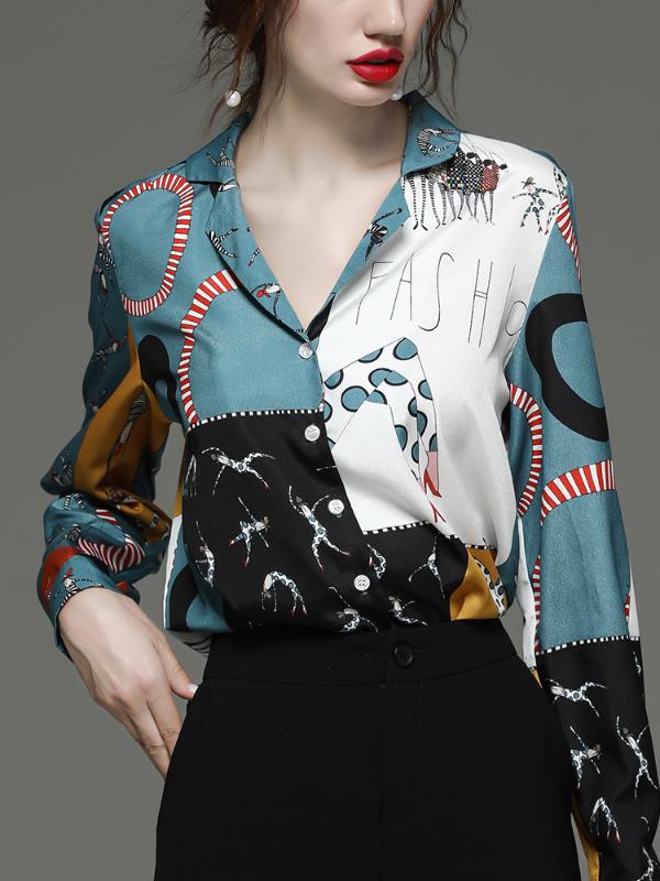 

Top design sense niche 2020 spring women' fashion western style printed long sleeve chiffon shirt fashion shirt, Sky blue