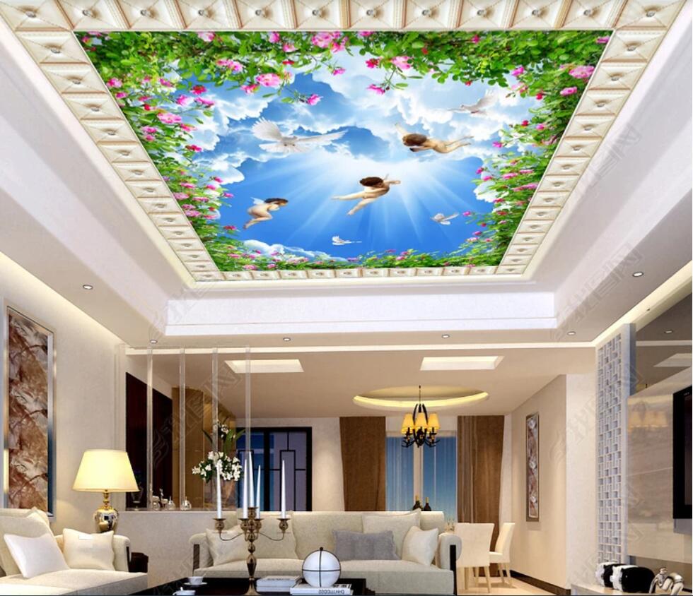 

3d ceiling murals wallpaper custom photo non-woven wall murals Eros angel green leaves blue sky white clouds diamond soft zenith mural, Sky blue