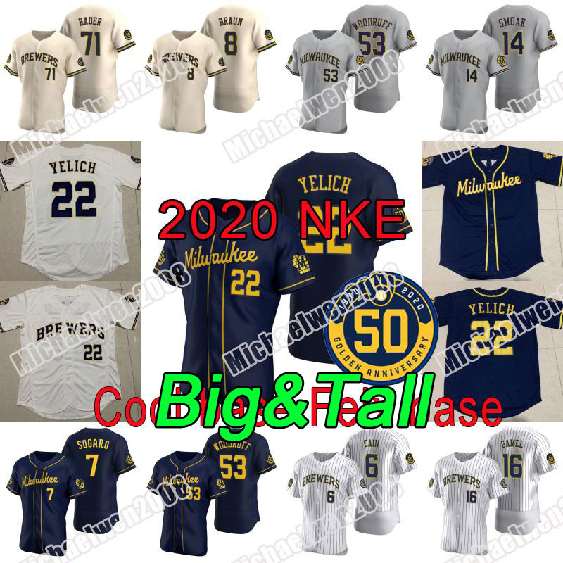 

22 Christian Yelich Big Tall S to 6XL Milwaukee 2020 baseball jersey Keston Hiura 50th Lorenzo Cain Yasmani Grandal Smoak Keston Hiura Braun Hader Woodruff Thames, Mens cool base blue