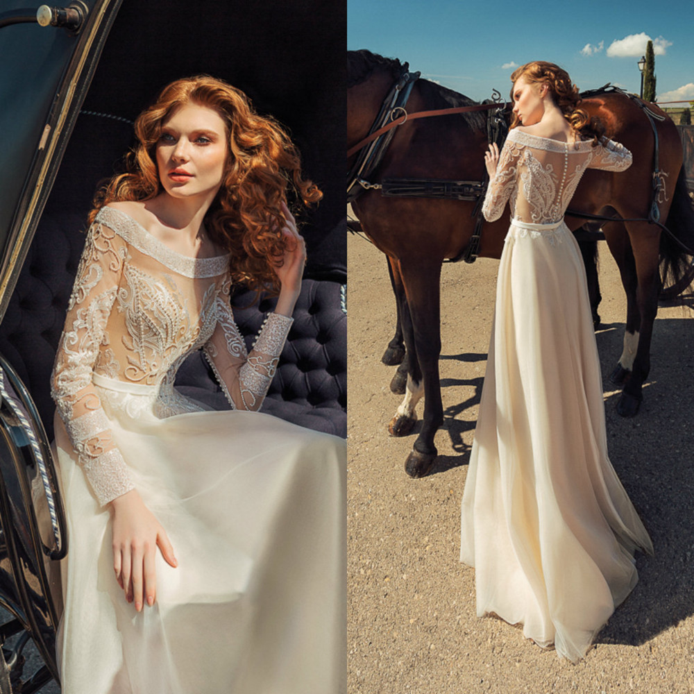 2020 Mariage de luxe Robes Encolure manches longues en dentelle Robes de mariée Bouton appliques Retour balayage train Une ligne de robe de marié