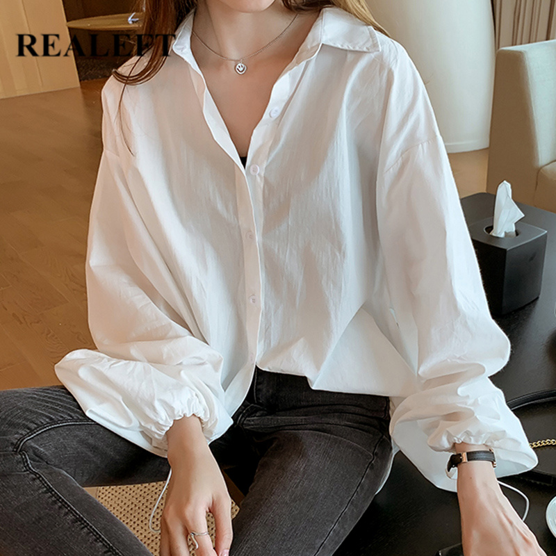 

REALEFT New 2020 Spring White Color Women's Shirt Female Blouse Tops Button Lantern Sleeve Korean Style Casual Loose Blouses, Green