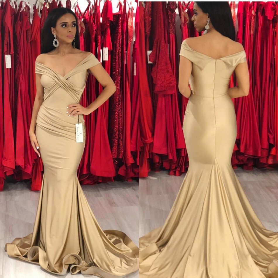 

2019 Champagne Prom Dresses Sexy Backless Off Shoulder Mermaid Long Evening Gowns Formal Vestidos de fiesta Celebrity Gowns, Red
