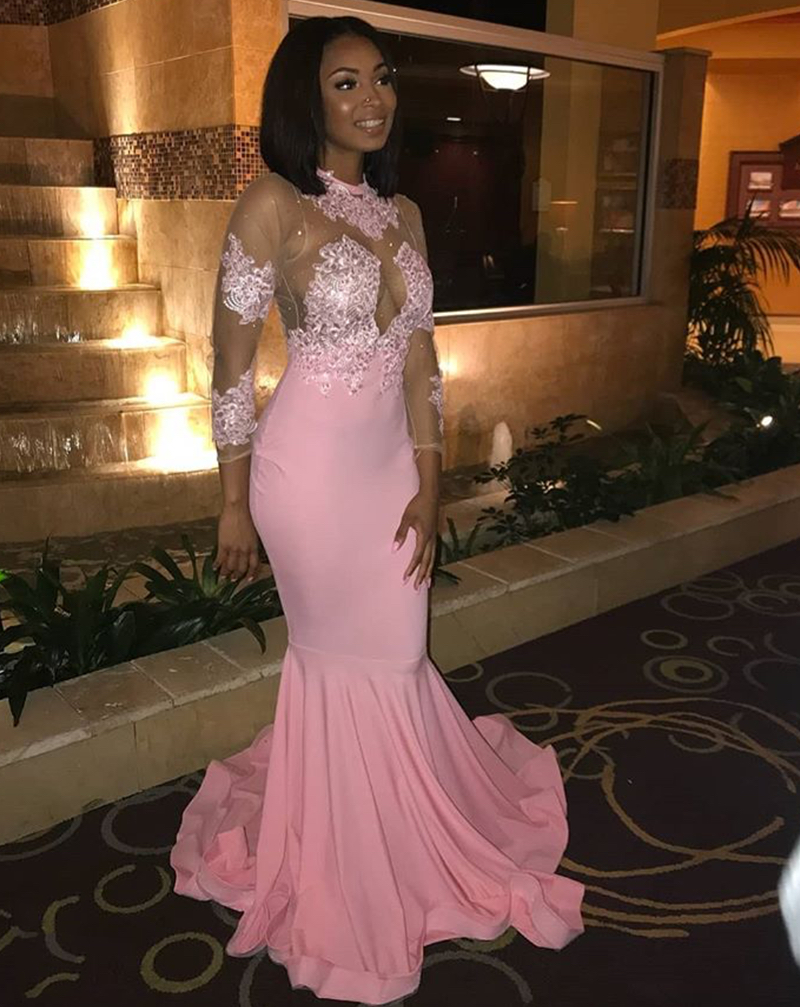 

Mermaid Pink Prom Dresses 2022 Sexy See Through Open Back Appliques lace Floor Length Formal Evening Dresses For Black Girls DP0034, Lavender