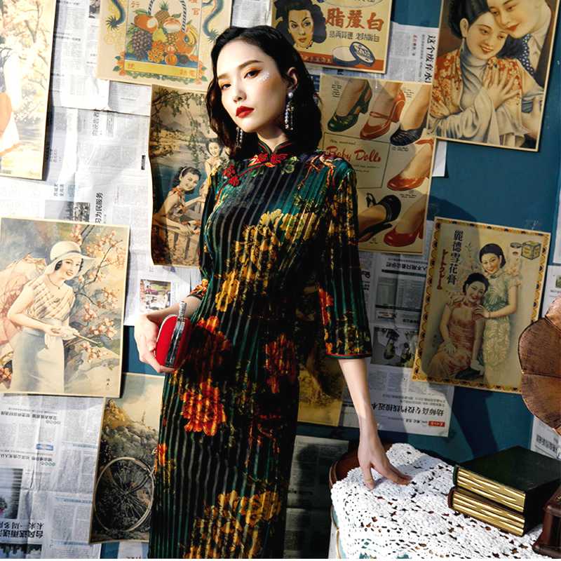 

Sheng Coco Elastic Plus Size Velvet Qipao Dresses Evening Cheongsam 5XL 4XL New Flexible Modern Long Dress Woman China Costume